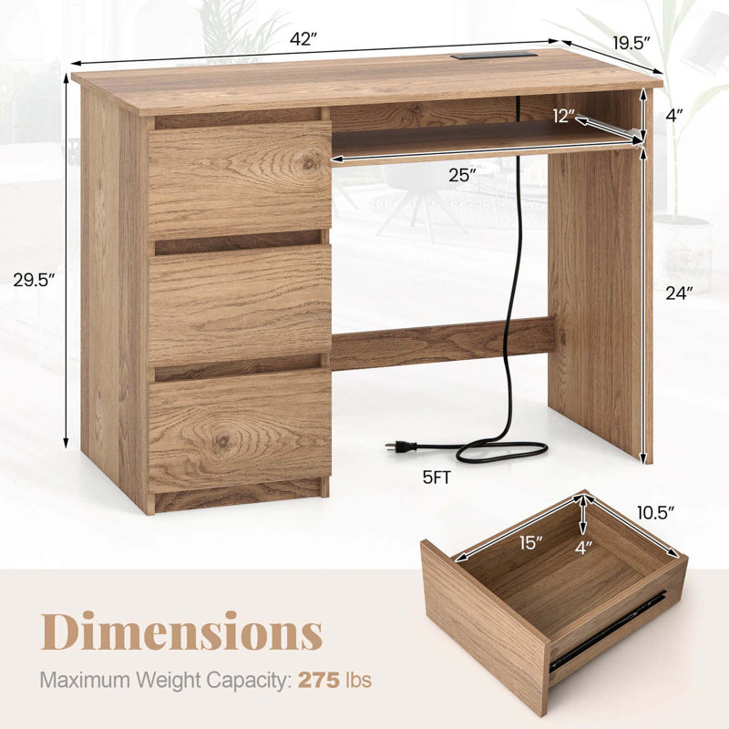 Computer Desk With Power Outlet Keyboard Tray & 3 Large Drawers Type-c & Usb Ports, Brown