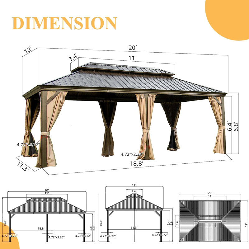 Pavillon de jardin 12 po x 20 pi avec double toit. Flamme, décoloration et rouille pour toiture d'extérieur en acier galvanisé brun pour toiture de terrasse - 12 pi x 20 pi
