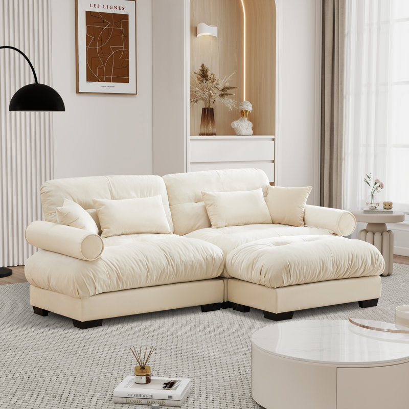 Over Size Modern Upholstered Sofa With Ottoman, Cream Velvet