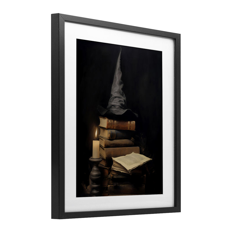 Bibliothèque et chapeau de sorcière, reproduction encadrée sous verre, design par LSR Design Studio, Cadre noir minuit