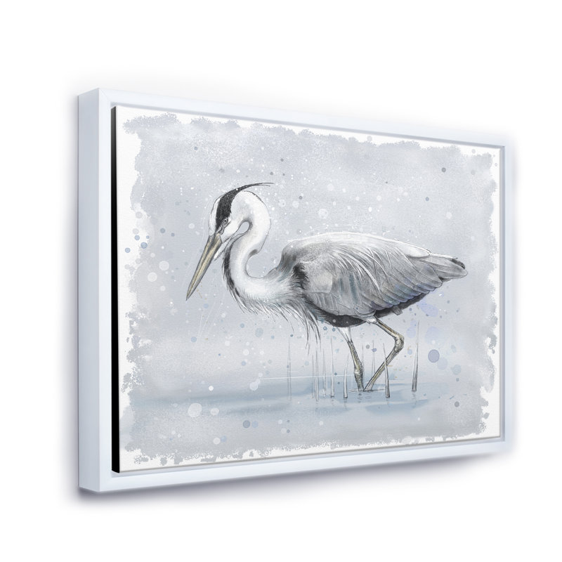 Héron cendré gris - peinture sur toile, H 16 po x l 32 po x p 1 po, Cadre blanc