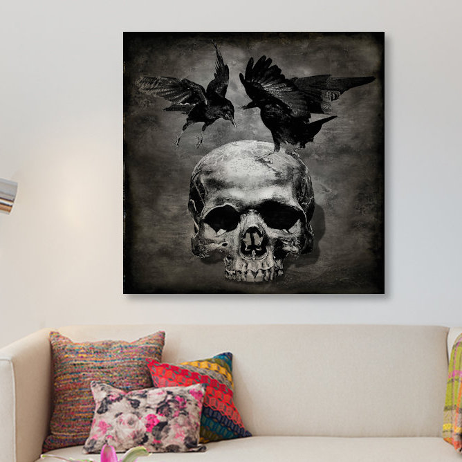 «Skull with Crows», impression sur toile, H 16 po x l 16 po x P 1 po, Papier d'art encadré noir, Blanc