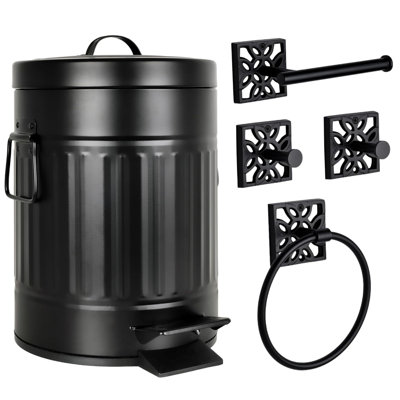  Ensemble de salle de bain ferme noir mat - ensemble de quincaillerie 5 pièces avec porte-serviette, support en T, crochets et poubelle en métal avec couvercle pour une décoration de salle de bain moderne et rustique