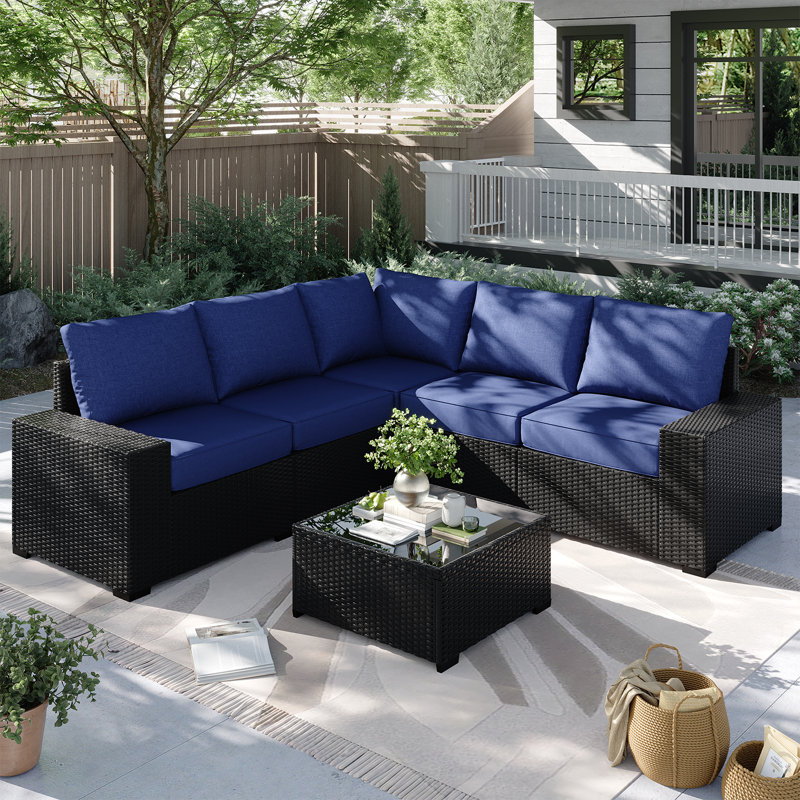 Ensemble de meubles de patio 6 pièces, avec coussins et table basse en verre, ensemble de canapé modulaire en osier de rotin Pe