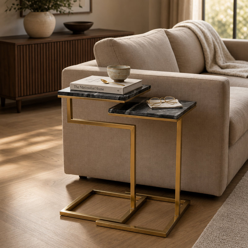 Ensemble de table carrée 2 pièces avec dessus en marbre noir et bases dorées pour espaces de vie