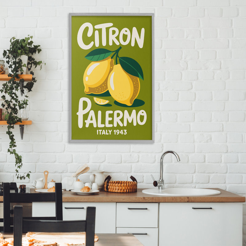 Citron Palermo Lemons, estampe numérique, design par Andreas Magnusson, H 30 po x l 20 po, Giclée de ferme grise encadrée