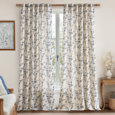 Semi Sheer Linen Blend French Floral Printed Rod Pocket Curtain Pair