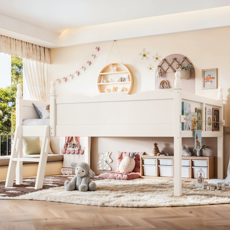 Full Size Solid Wood Low Loft Bed Frame with Integrated Bookshelf and Ladder, Low Profile Safety Guardrails, Beige, Twin