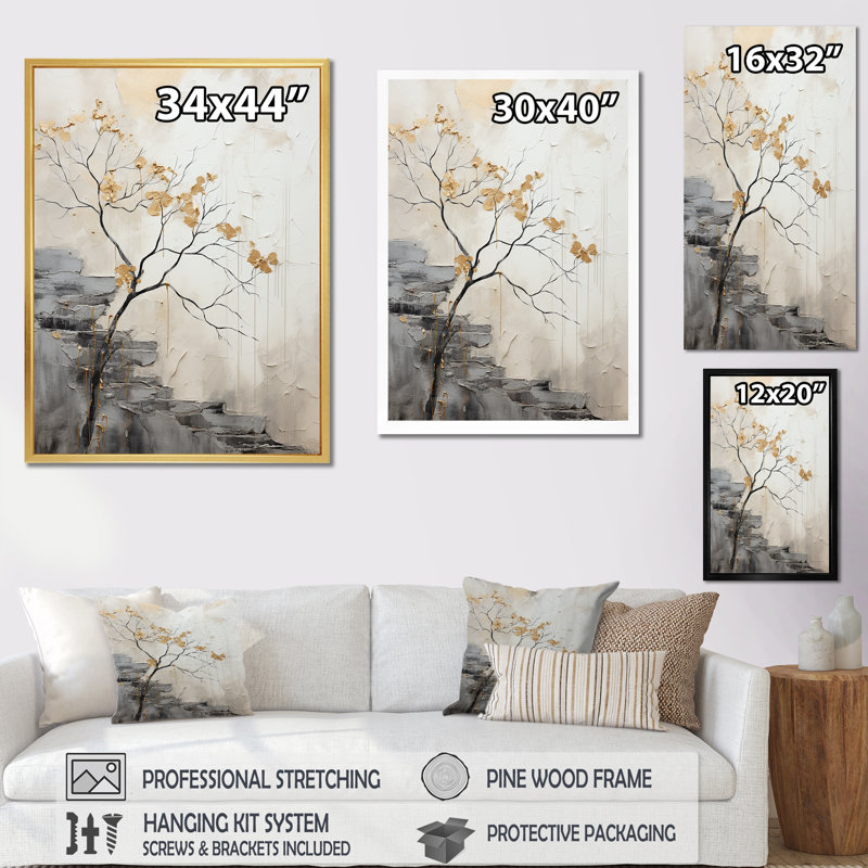 " Minimalism Calm River Forest ", Gold Floater Framed, 32" H x 16" W x 1" D