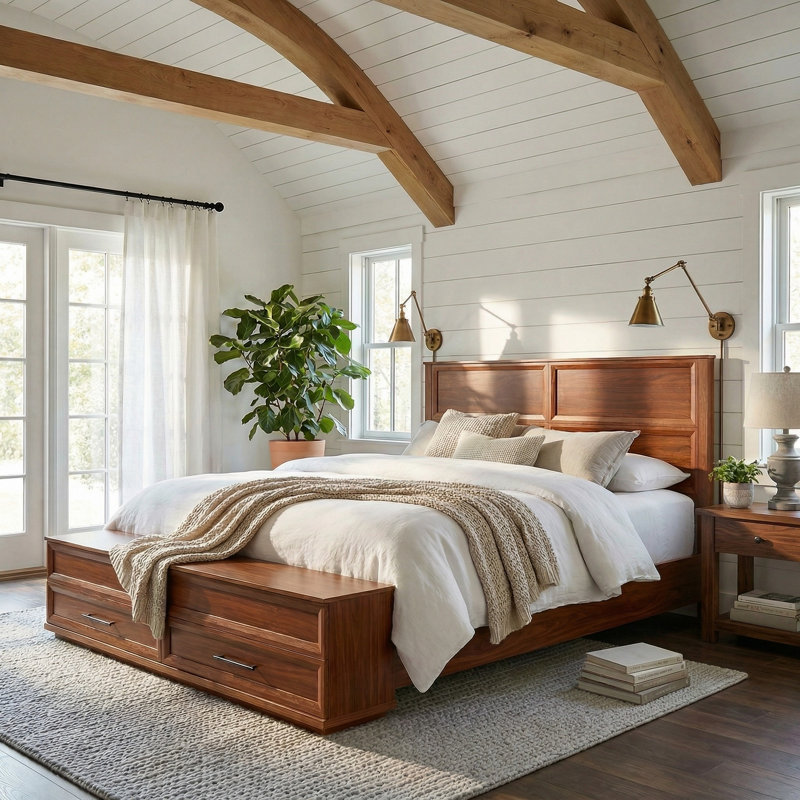 Lit plateforme avec rangement en bois avec 2 tiroirs et 2 compartiments de rangement au pied du lit, Très grand, Noyer