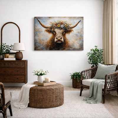 «Highland Cow», impression de couronne florale, impression sur toile encadrée