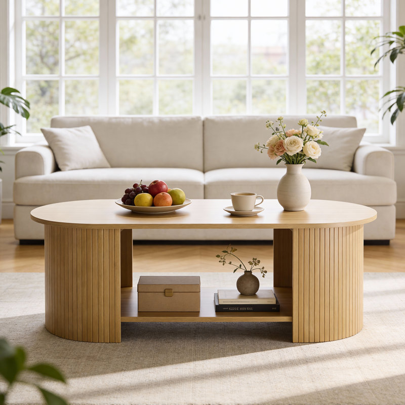Oval Coffee Table With Storage, Mid-Century Modern 2-Tier Center Table For Living Room, Oak, 18.03" H x 42.51" W x 20" D