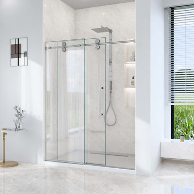Porte de douche coulissante simple sans cadre l 56 à 60 po x H 72 po - verre trempé transparent de 5/16 po (8 mm), conception en dérivation avec finition nickel brossé