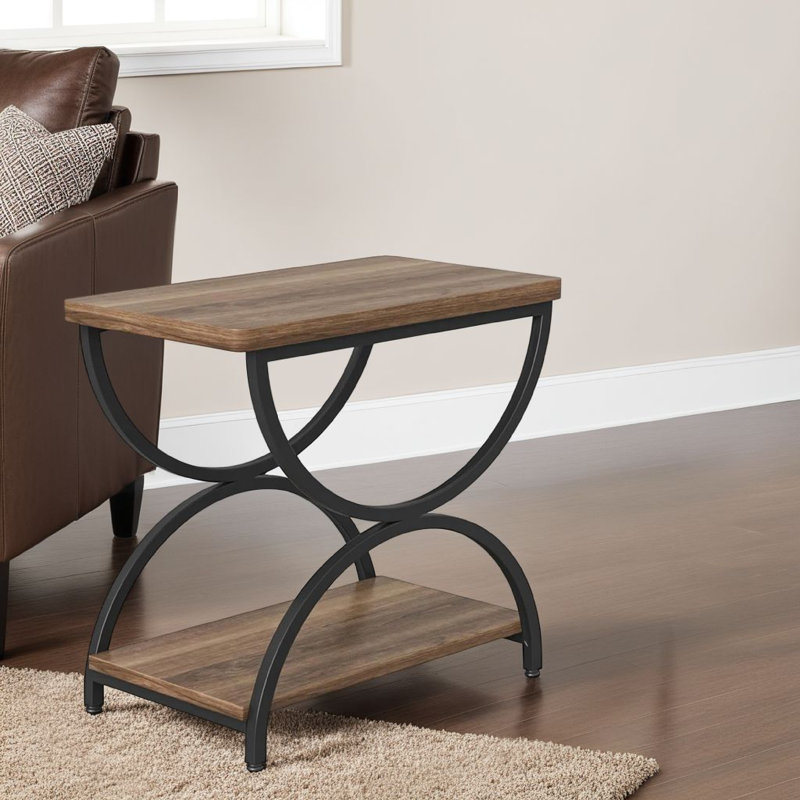 Tashai 2-Tier Rectangular End Side Table with Semicircular Metal Legs, Brown, Black