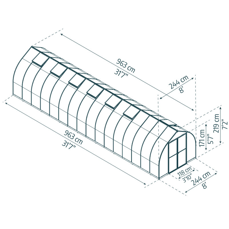 Palram - Canopia Bella 8' W x 32' D Walk-In Hobby Twin Wall Polycarbonate Aluminum Frame Bell Greenhouse Kit with Roof Vents - Silver