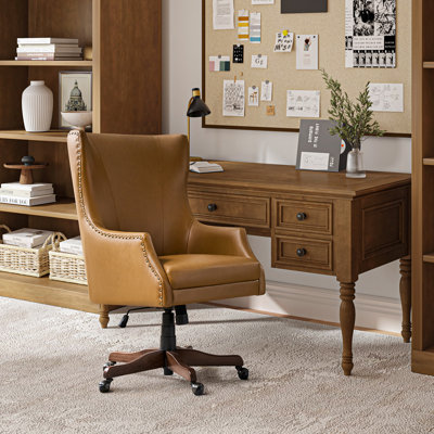 Eller Transitional Leather 46"Tall Office Executive Chair Tilting with Copper Nailheads and Wood Legs by Red Barrel Studio