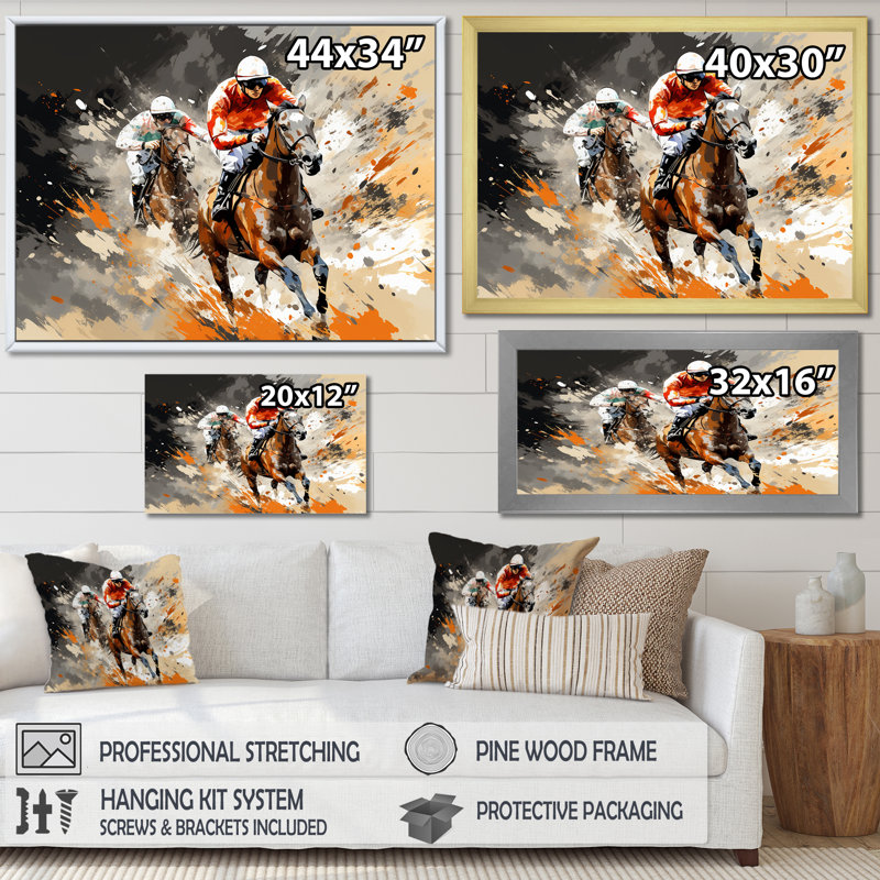 Brown Horse Racing Frenzy - Art mural de course de chevaux, Cadre d'angle fermé noir, H 30 po x l 40 po x P 1,5 po