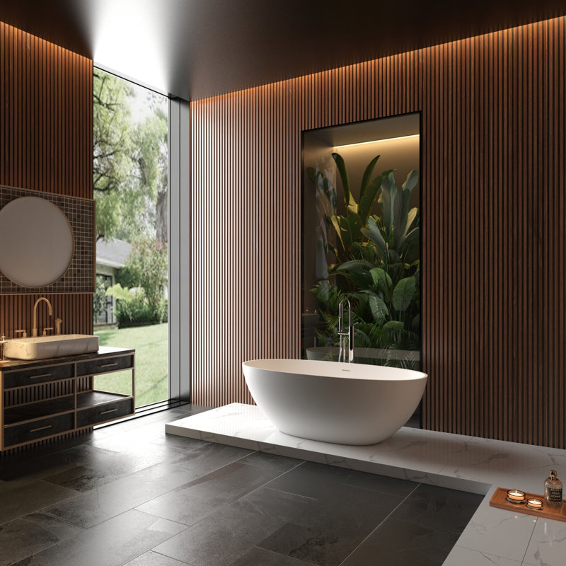 Luxueuse expérience de trempage dans une baignoire en pierre blanche matte - parfaite pour une détente de type spa