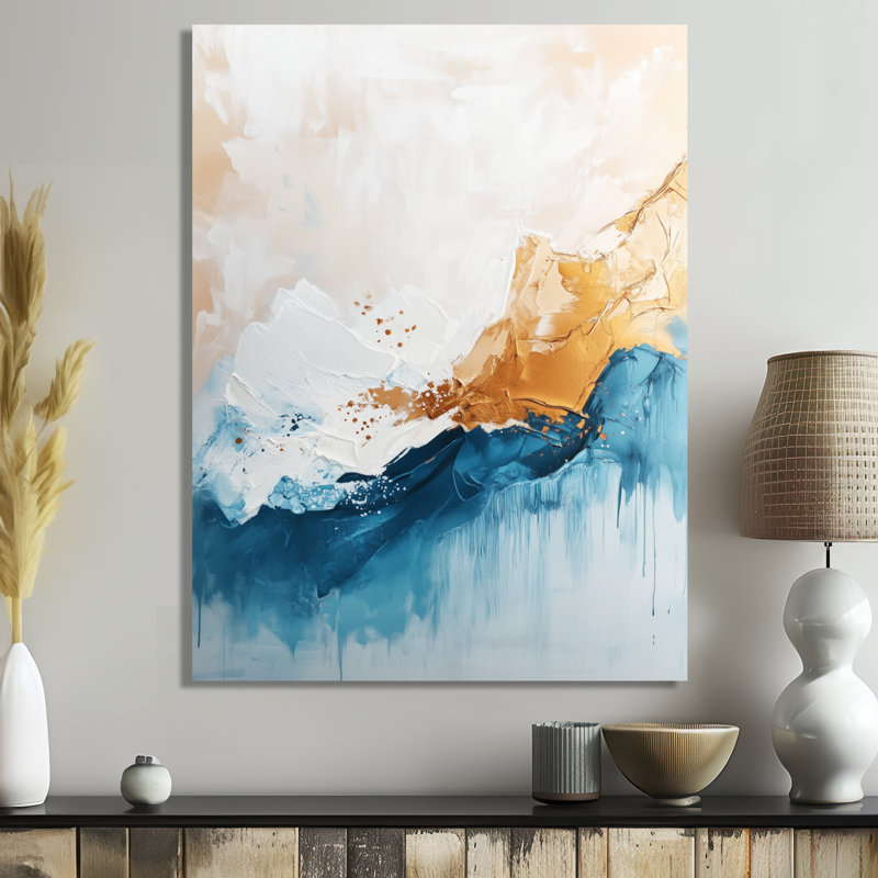 Encre Synergy, Cloding Gloden et Blue Wave - Art abstrait transitionnel moderne en métal, L 16 po x H 32 po