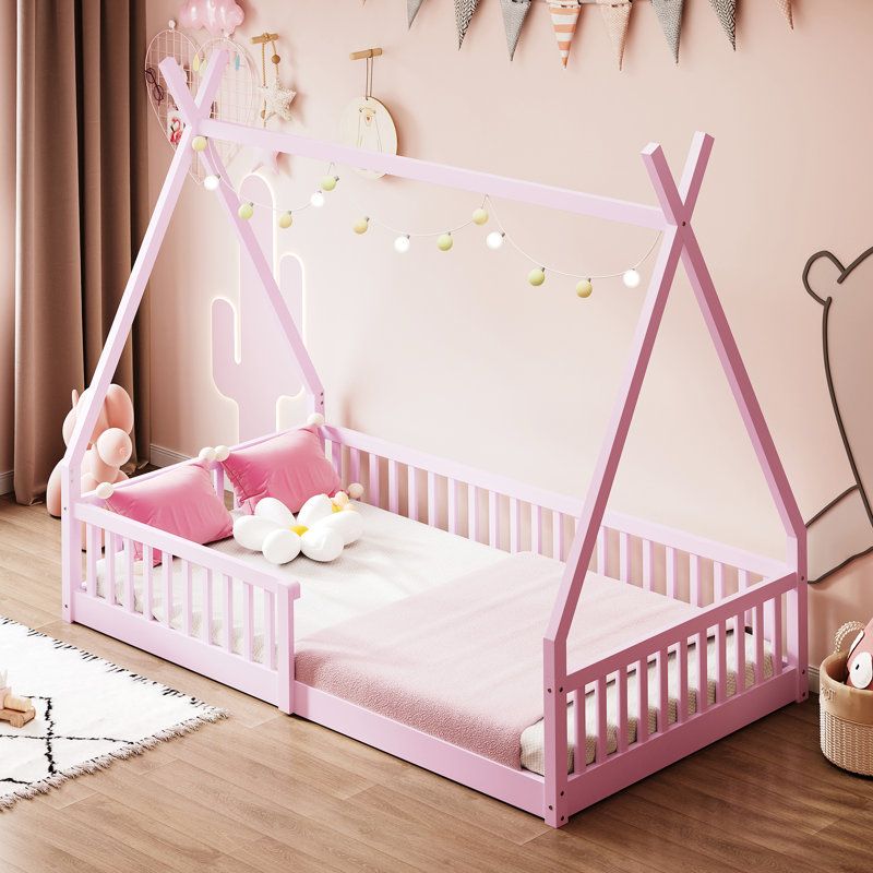 Lit simple en bois avec clôture rose - Fabrication en pin robuste pour l'accessoire de chambre à coucher, Rose