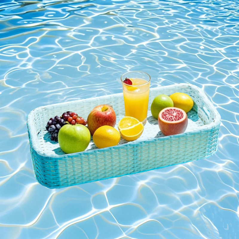 Rectangular Floating Serving Tray, Wicker Pool Floating Tray with Cup Holders, 13 LBS Capacity Floating Drink Holder for Sandbars, Spas, Bath, Pool Parties, White 