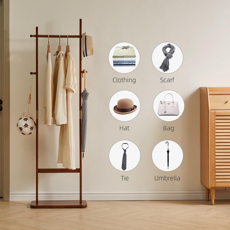 Coat Rack Tree Stand With Very Sturdy Base, Freestanding Small Clothes Rack Heavy Duty, Garment Hanging Racks For Kids And Adults, Space Saving Brown