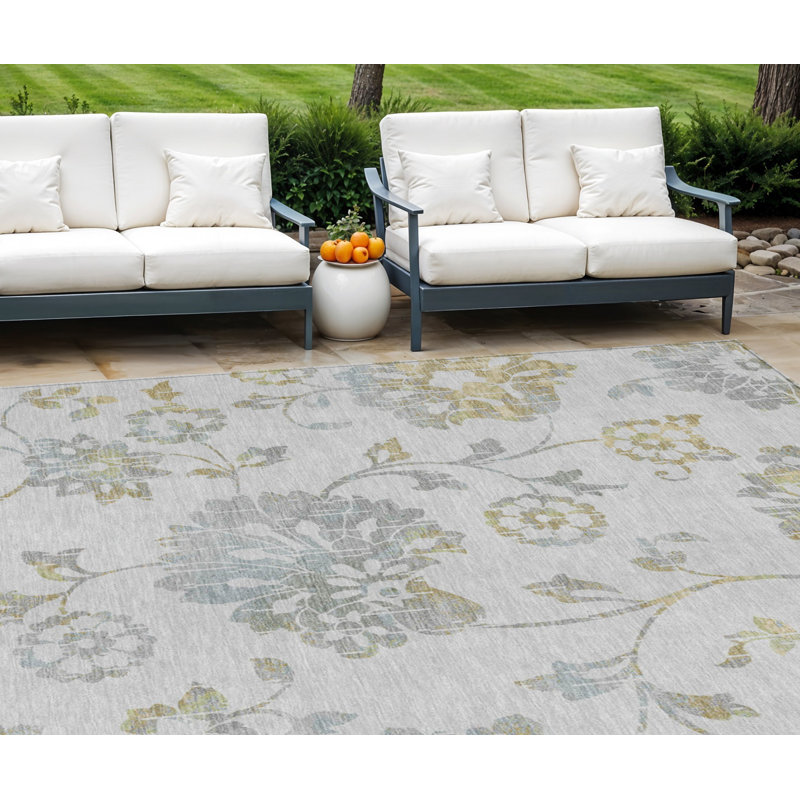 Tapis extérieur lavable floral gris argenté et doré 10 pi x 14 pi