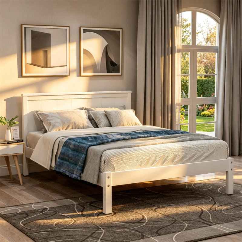 Platform Bed Frame With Headboard, Wood Slat Support, No Box Spring Needed,Twin, White, Twin