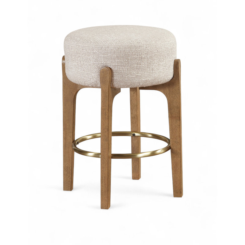Tabouret de comptoir rembourré en tissu Maud, Siège beige / structure en noyer brun