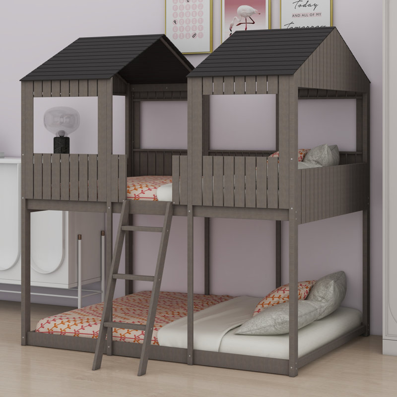 Wood Bunk Bed With Roof, Window, Guardrail, Antique Gray