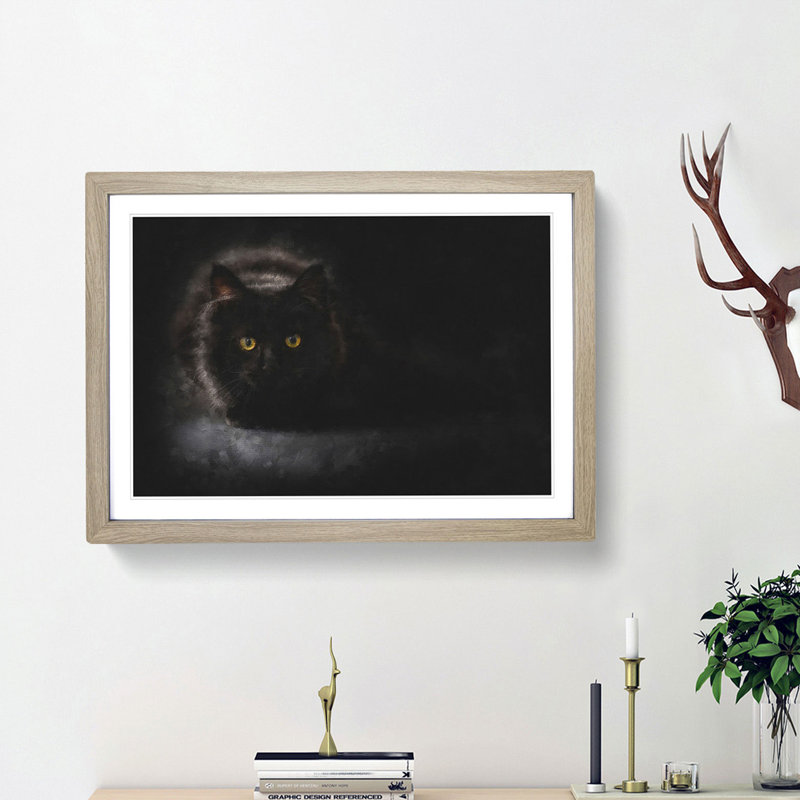 Black Cat with Yellow Eyes - Picture Frame Painting Print, Oak Framed, 62cm H x 87cm W x 2cm D