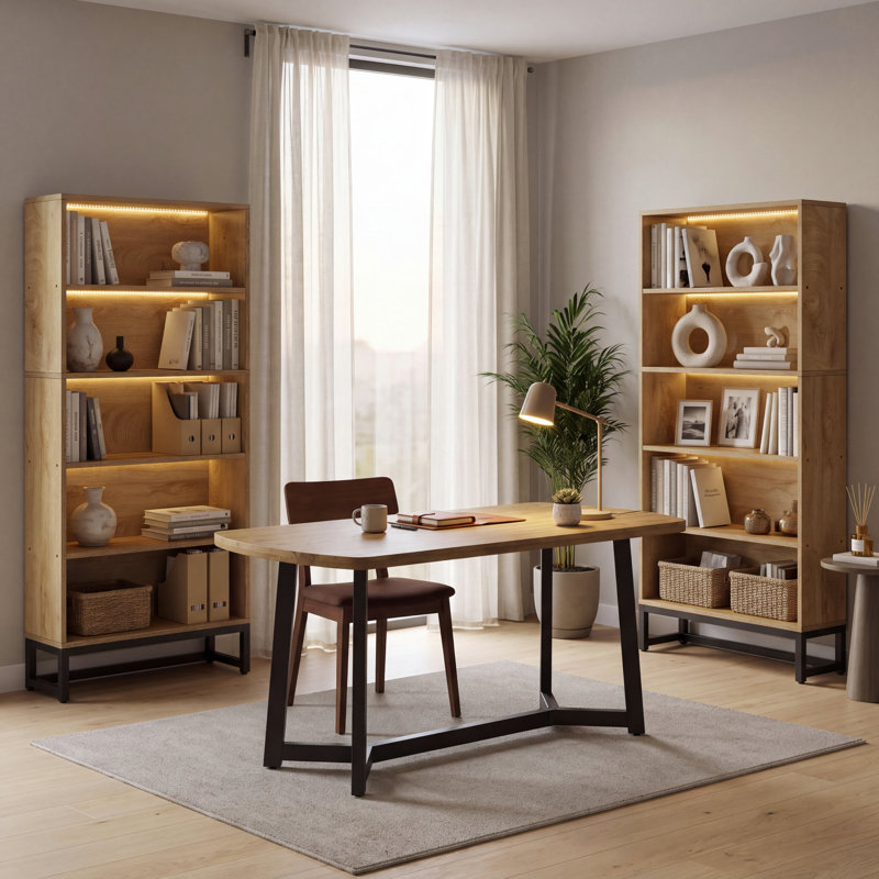 Ensemble de bureau à domicile 3 pièces: bureau de 63 po en bois de pin massif et bibliothèque à 5 niveaux en H 70,47 po avec lumières DEL