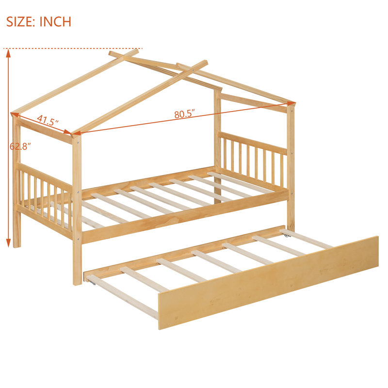 Lit simple avec lit gigogne et structure en bois massif, Naturel, Lit simple