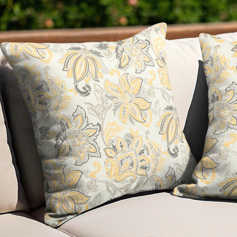 Outdoor Patio Water-Resistant Throw Pillows Set of 2, Ink Floral Pattern, Yellow/Gray Floral