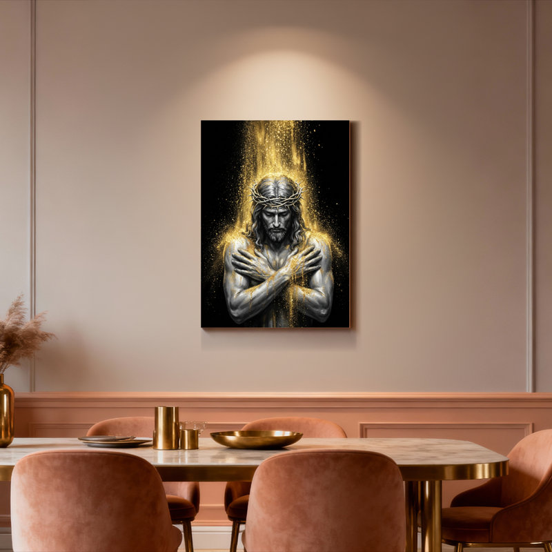 Ensemble de 1 tableau sur toile tendue représentant Jésus-Christ avec une couronne d'épines et une lumière dorée