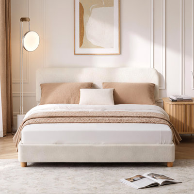 King/Double Size Boucle Bed Frame, Upholstered Cloud Bed Frame with Adjustable Headboard, Cream