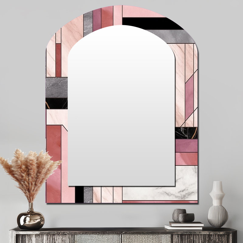 Maglio Marble Granite Agate With Touches Of Gold XII - Geometric Arch Decorative Wall Mirror, Pink Asymmetrical Large Mirror, Printed Metal Art