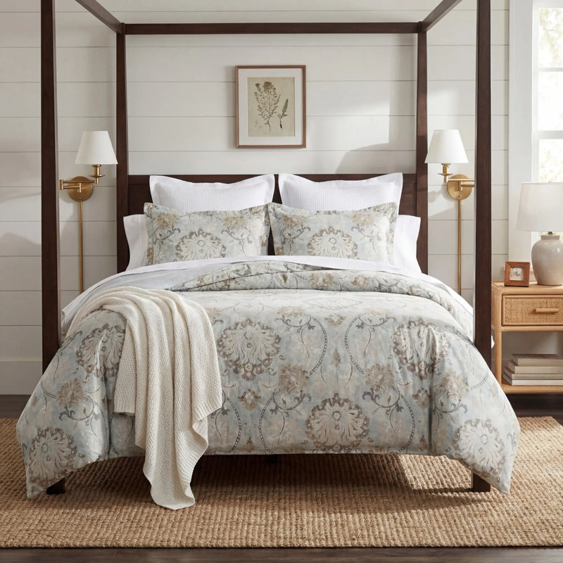 Ensemble de housse de couette décontracté classique chic bleu clair et brun Dalia, Bleu clair
