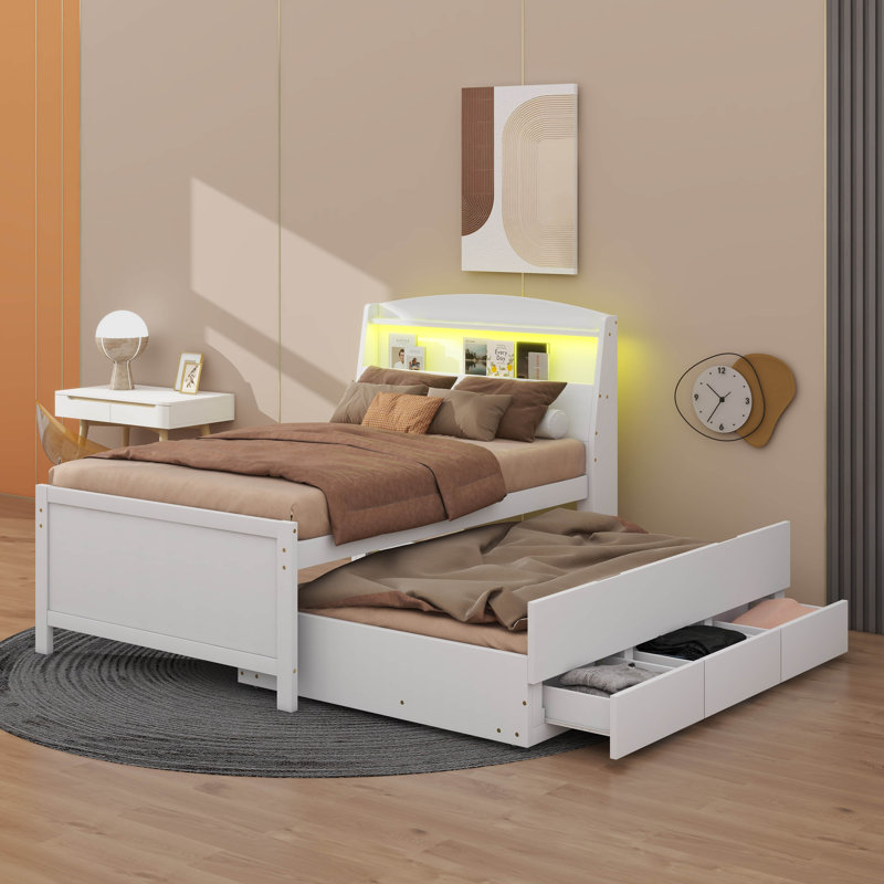 Lit plateforme élégant avec rangement et tête de lit à DEL avec lit gigogne et 3 tiroirs, Lit simple
