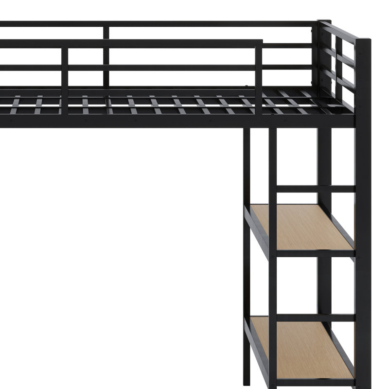 Structure de lit mezzanine en métal avec garde-robe, tablettes de rangement et panneau perforé