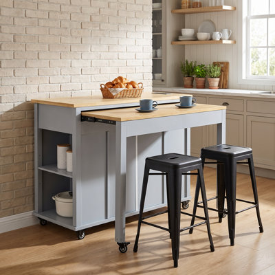Îlot de cuisine 47 po gris bleu avec table de salle à manger extensible et prise de courant