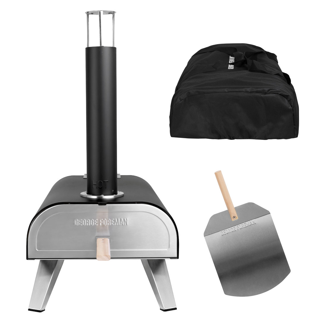 George Foreman GFDFPO2SSPC 12'' Multi-Fuel Powered Pizza Oven with Carry Bag & Paddle in Stainless Steel