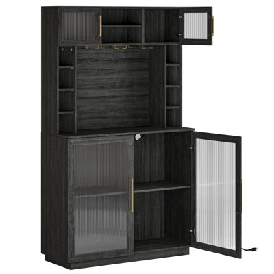 Coffee Wine Bar Cabinet with Power Outlet, Pamplona 72" Rustic Liquor Cabinet, Tall Buffet Cabinet with storage, Kitchen Pantry Cupboard