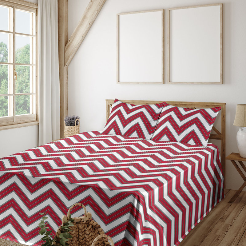 Ambesonne Chevron Sheet Set Art Abstract Zigzag Pattern White Dark Pink and Black