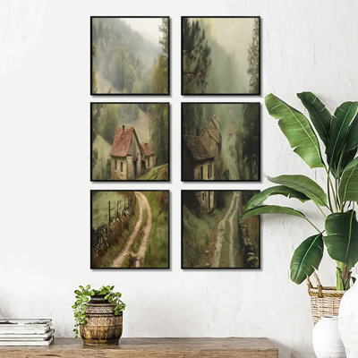 Ensemble de 6 reproductions d'art sur toile Green Brown Vintage Summer Farm Cottage