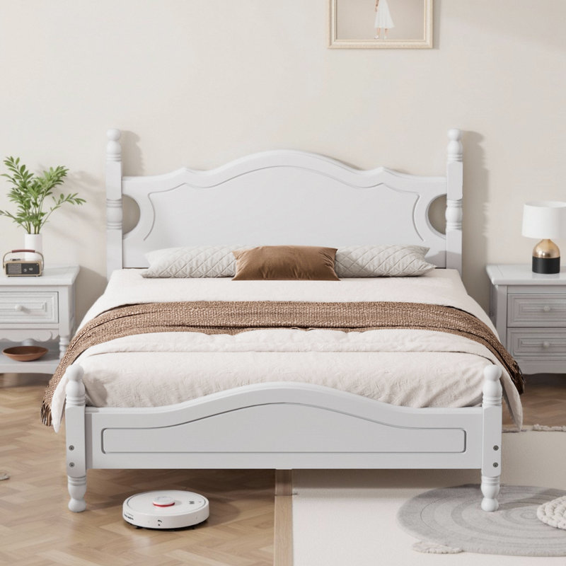 Lit plateforme moderne en bois massif rustique avec support de lattes durable, Blanc, Grand lit