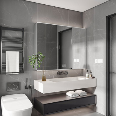 Armoire à pharmacie en aluminium avec miroir, armoire à pharmacie de 35 po x 28 po avec éclairage à DEL 3 couleurs et fonction de désembuage, armoire de salle de bain avec support à cosmétiques