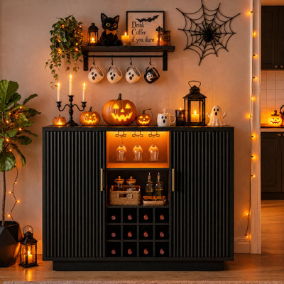 Armoire de bar moderne de 47,24 po avec tablettes réglables et lumières RVB, buffet avec porte-verres à vin et support à vin