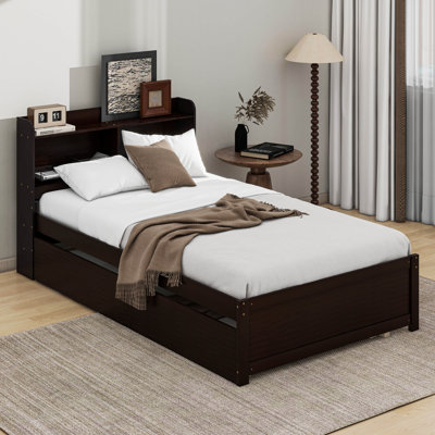 Twin Bed Frame With Storage Headboard, Trundle Bed
