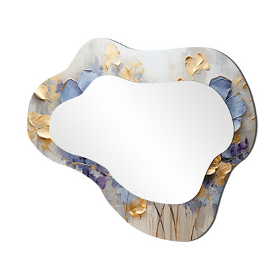 Blue And Gold Exquisit Violets I - Violets Cloud Wall Mirror, Blue Asymmetrical Decorative Mirror, Printed Metal Art
